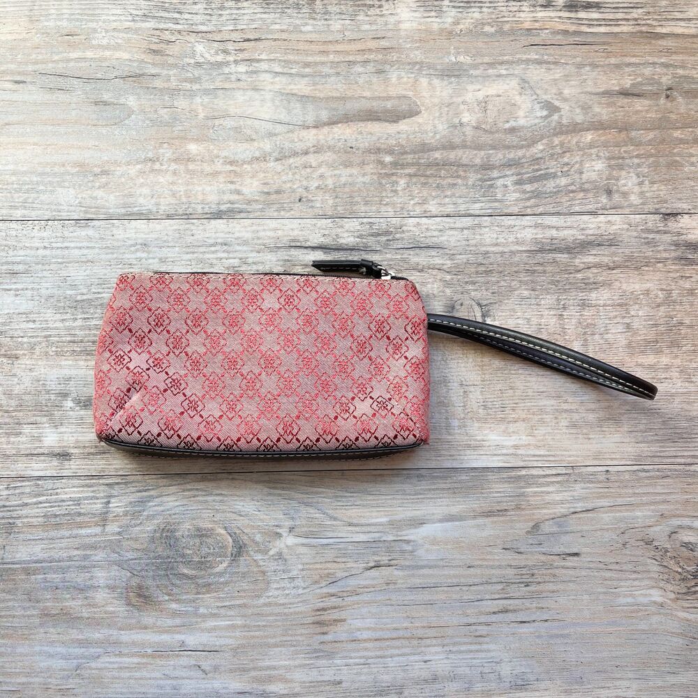 Pink Red Monogram Wristlet Clutch Zipper Pouch Wallet Purse Canvas Brown